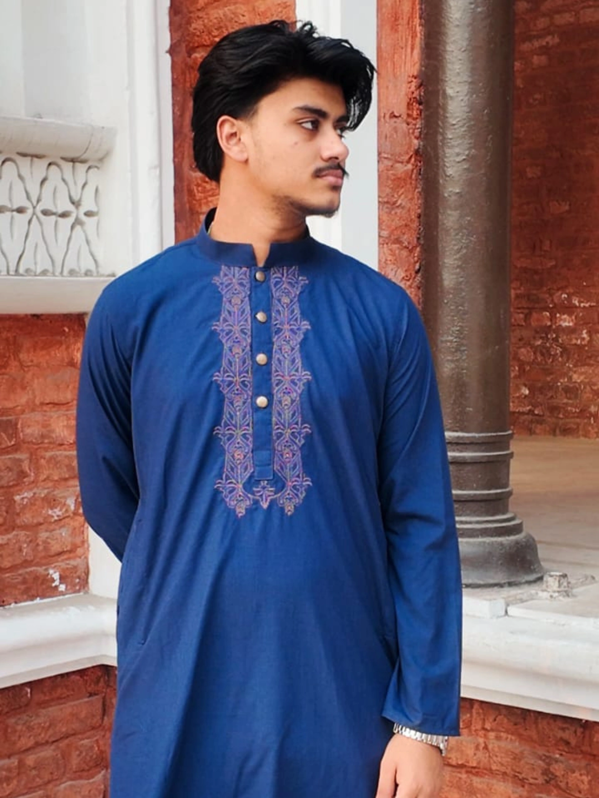 Blue Embroidery Slim Fit Punjabi