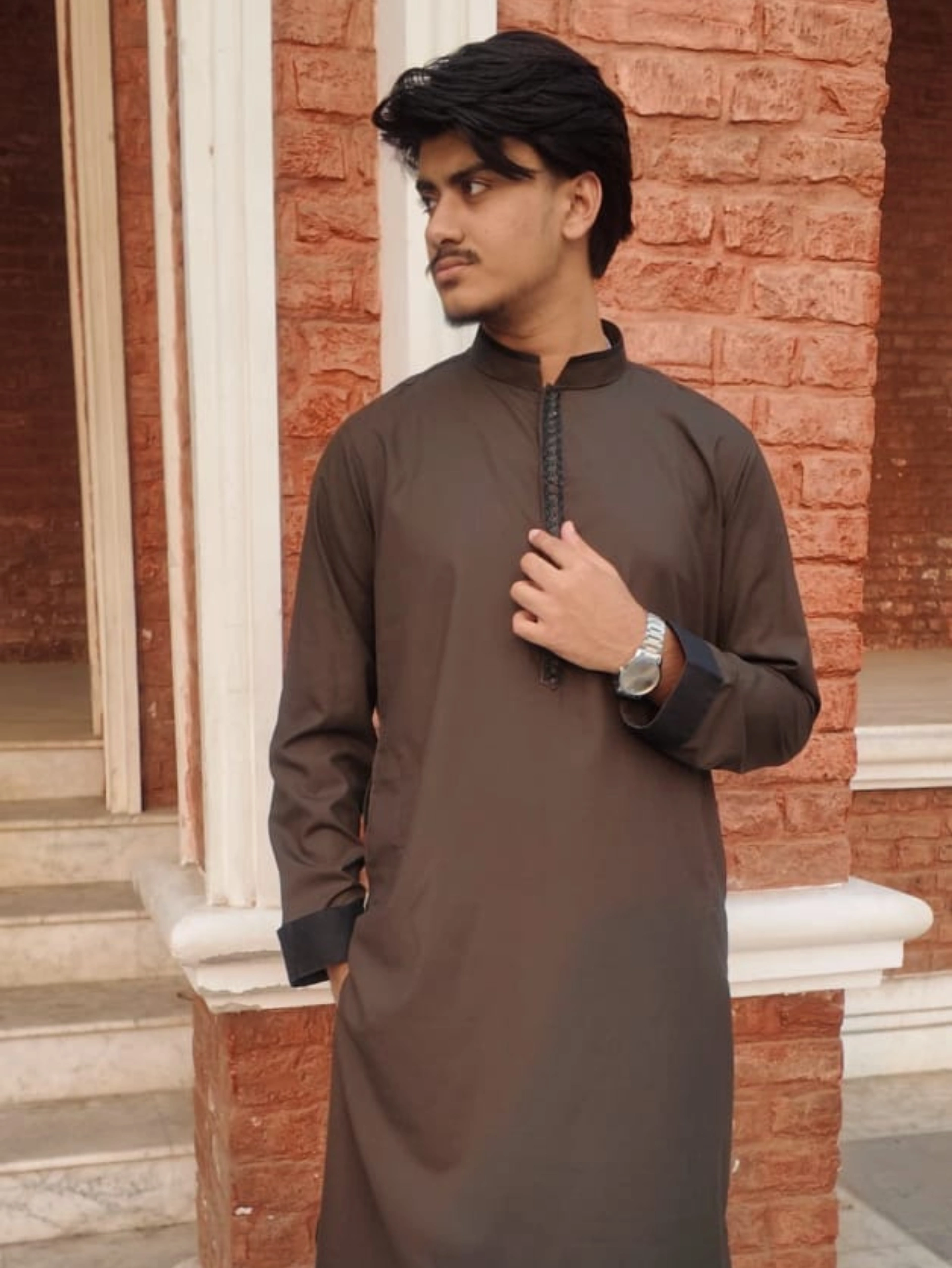 Brown Embroidery Slim Fit Punjabi