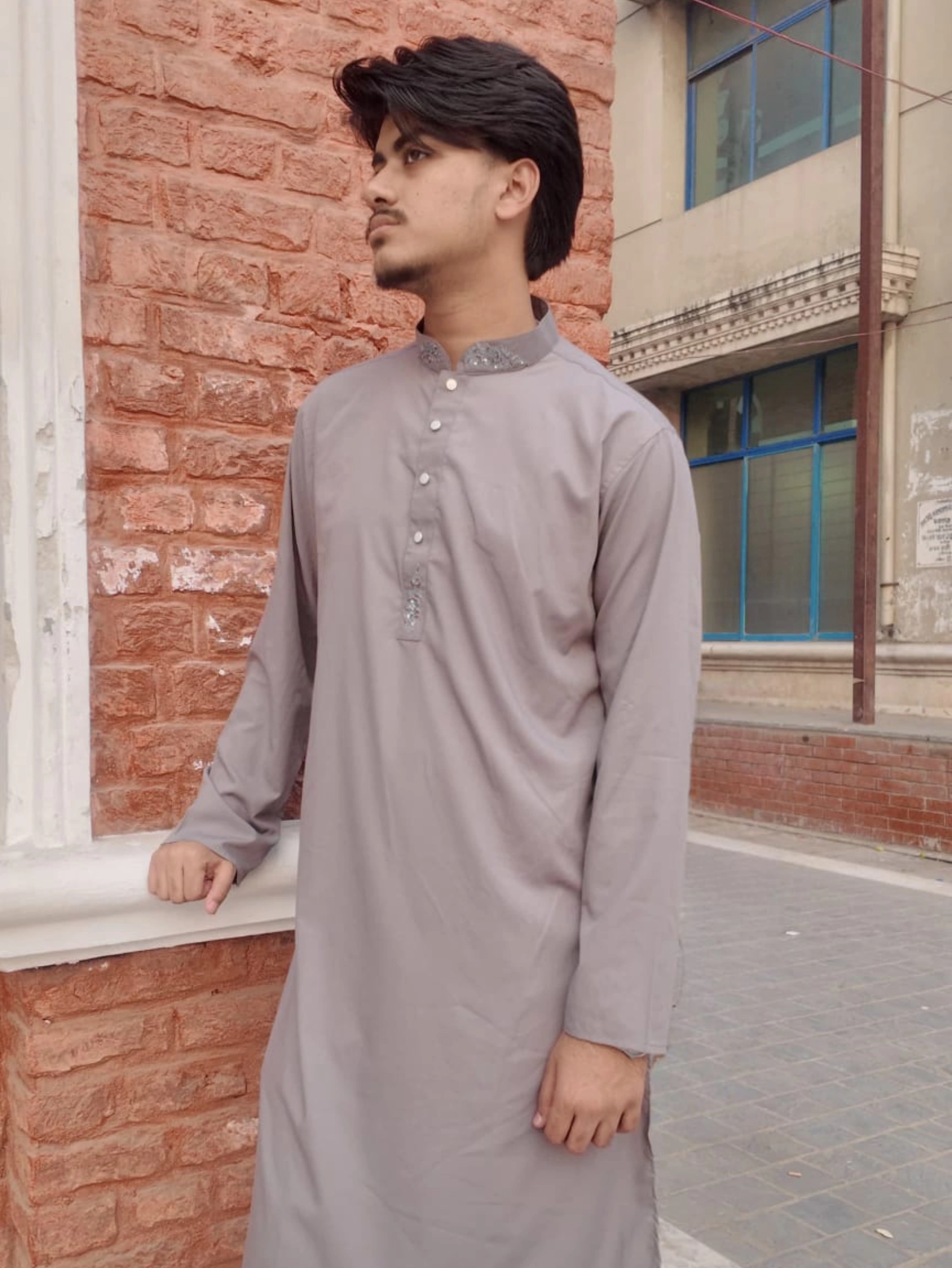 Gray Embroidery Slim Fit Punjabi